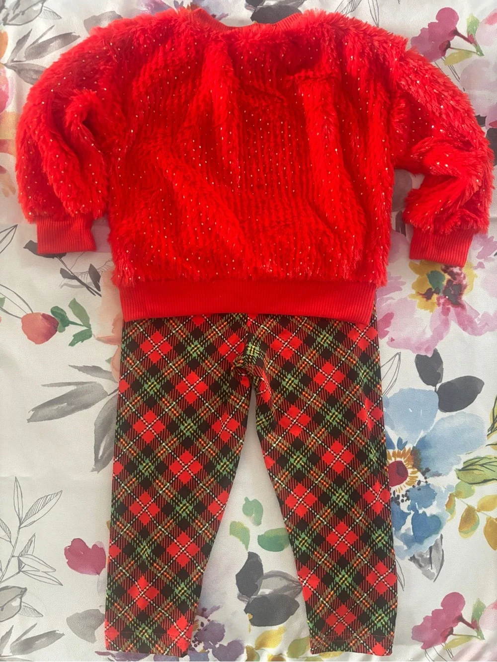 Red Fuzzy Sparkle Girls Sweater - Red and Green Plaid Pants